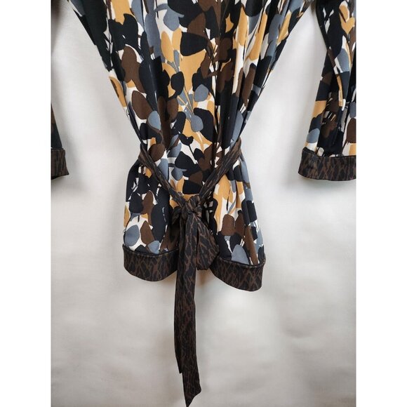 Dana Buchman Womens Top Medium Brown Black Abstract Belted Stretch 3/4 Sleeve - Picture 2 of 9